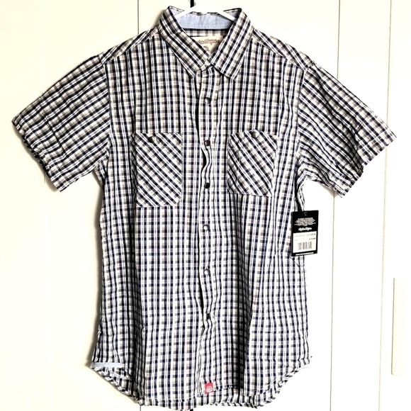 NWT TroyLee Designs Men's Blue Plaid Shortsleeve Casual Work Buttondown Shirt, S - Picture 1 of 8